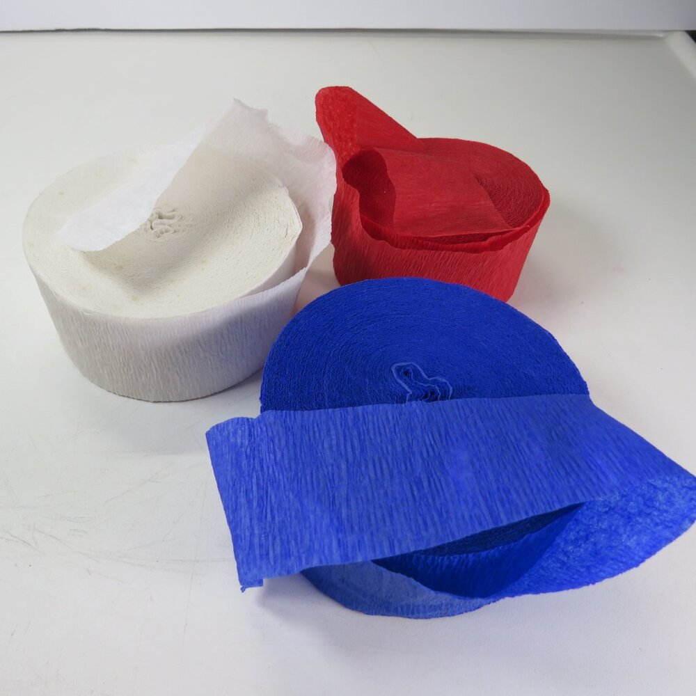 Crepe Paper Red White Blue Streamers 1 3/4" wide variety of lengths Patriotic